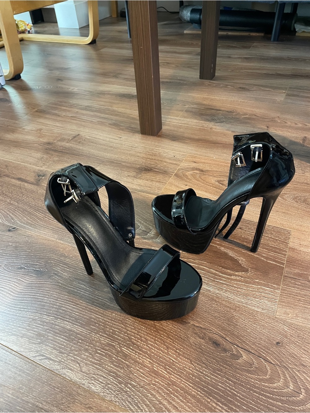 Black Patent Platform Stiletto Sandals - Women